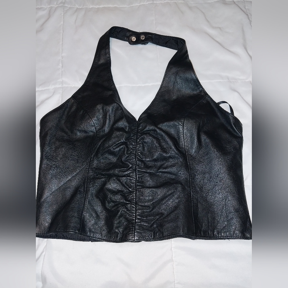 Wilson Black Leather Halter Crop Top - Women's